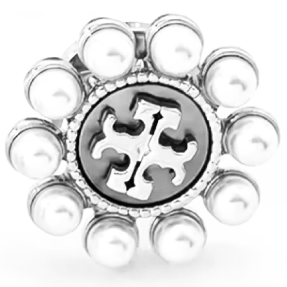 TORY BURCH SILVER LOGO PEARL EMBELLISHED STUD EARRINGS - Picture 3 of 6